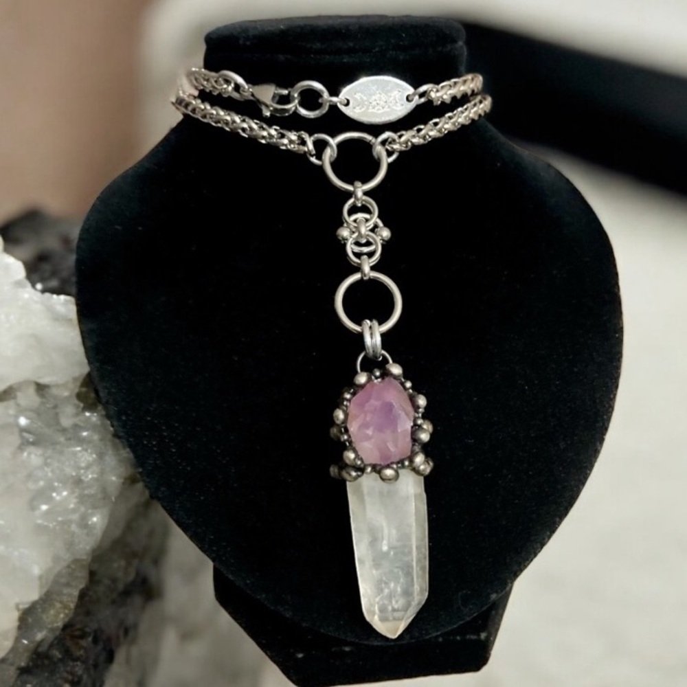 crystal quartz & amethyst gem stainless steel maille celtic lariat Y necklace. - Picture 3 of 15
